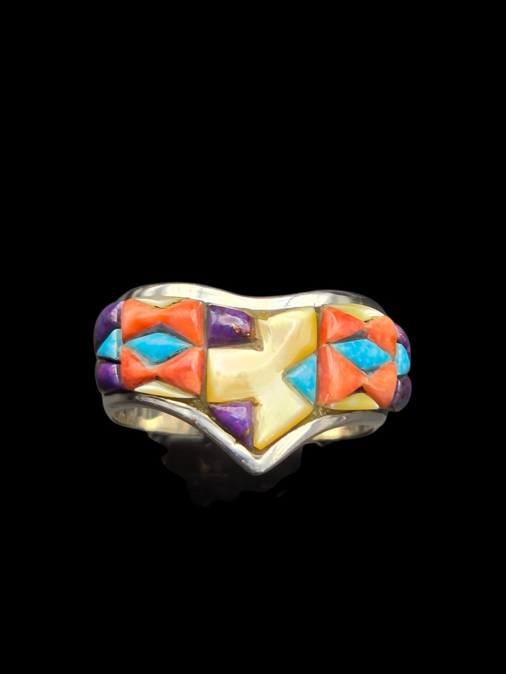 Southwest Sterling Multicolor Inlay Spiny Band Ring 9